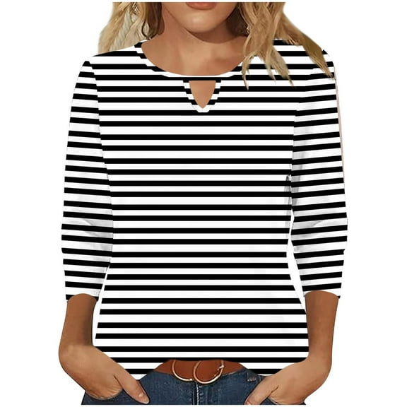 FNFYFH Womens Plus Size 3/4 Sleeve Tops Striped Shirts Summer Crewneck Tunic T-Shirt,Black