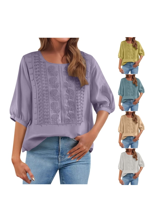 FNFYFH Womens Plus Size Boho Tops Puff Sleeve Embroidered Crewneck Tee Shirt Loose Fit Tunic Blouse