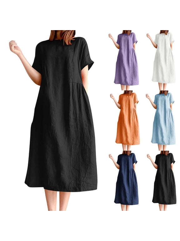 Womens Plus Size Cotton T Shirt Dress Summer Casual Loose Fit Crewneck Short Sleeve Midi Dresses with Pockets