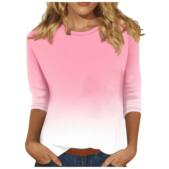 FNFYFH Womens Plus Size Crew Neck Tops 3/4 Sleeve Length Gradient Tees Casual Spring Summer T Shirt