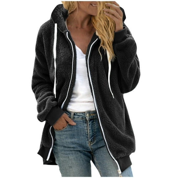 FNFYFH Womens Plus Size Double Fleece Jacket Hooded Zip up Fuzzy Sherpa Jackets Long Sleeve Drawstring Soft Winter Coat with Pockets