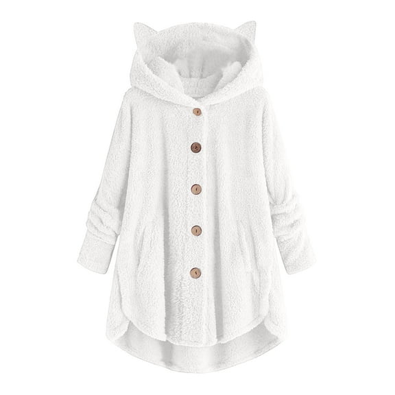 FNFYFH Womens Plus Size Fuzzy Fleece Jackets Hooded Cozy Button Sherpa Hoodies Casual Long Sleeve Loose Fit Coats with Cat Ear Hood