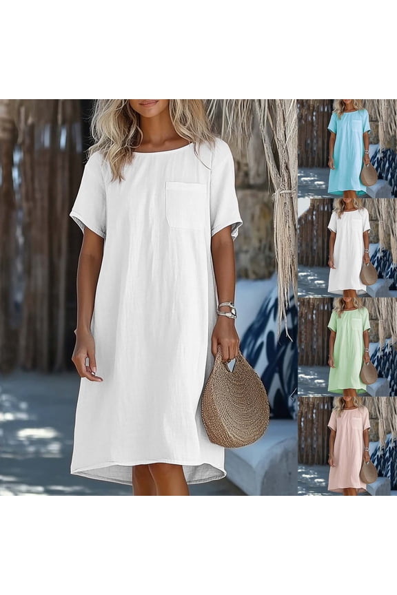 Womens Plus Size Linen T-Shirt Dress Short Sleeve Crewneck Shift Dresses Summer Beach Vacation Midi Dress