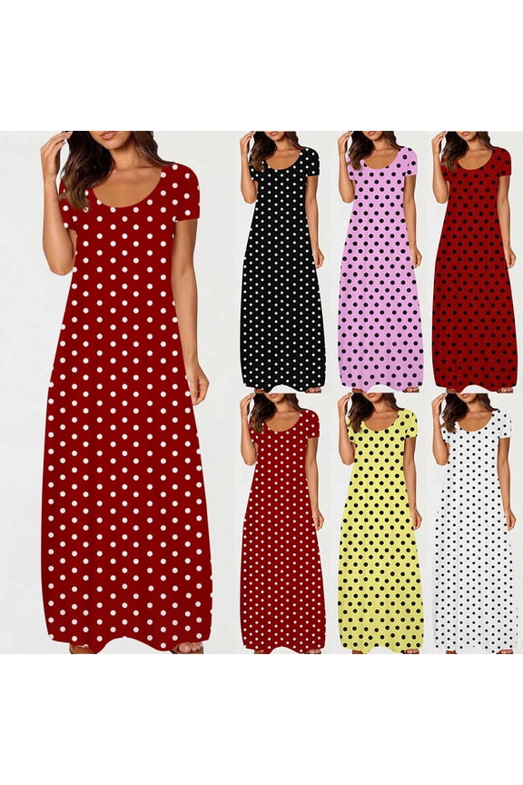 Womens Plus Size Maxi T Shirts Dress Elegant Retro Short Sleeve Polka Dot Dress Soft Maternity Dress