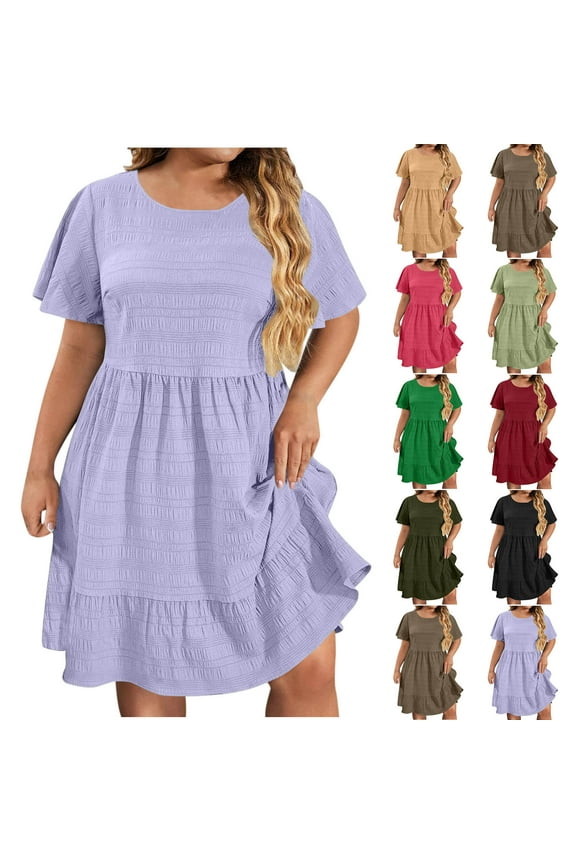 Womens Plus Size Mini Dress Short Sleeve A Line Ruffle Hem Babydoll Flowy Dress Loose Pleated Casual Summer Dresses