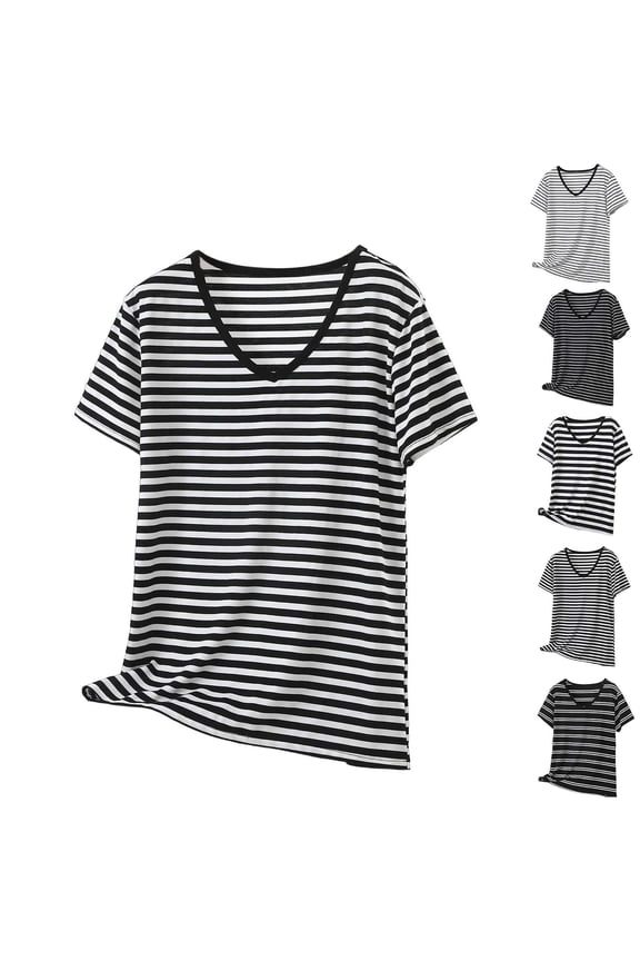 FNFYFH Womens Plus Size Modal Tops Soft V Neck Striped Tshirt Casual Short Sleeve Summer Shirt
