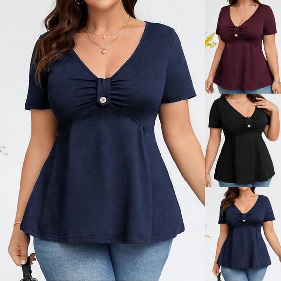 FNFYFH Womens Plus Size Peplum Tops Front Knotted V-Neck Blouse Short Sleeve T Shirt Tunic Tops Summer Solid Tees