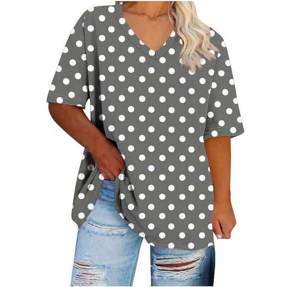 FNFYFH Womens Plus Size Shirts V Neck Short Sleeve Tops Causal Dot Printed Tees,Blue