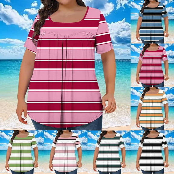 FNFYFH Womens Plus Size Short Sleeve T Shirt Pleated Front Square Neck Blouse Striped Tee Shirts Summer Tunic Tops