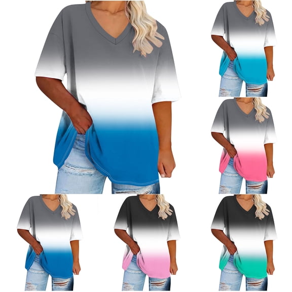 FNFYFH Womens Plus Size Short Sleeve T Shirt Summer Color Block V Neck Basic Tee Gradient Tunic Tops