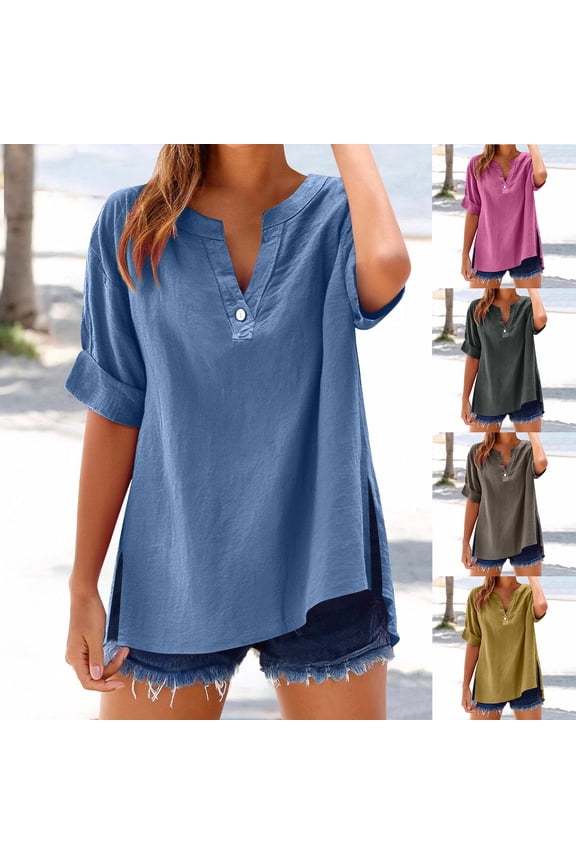 FNFYFH Womens Plus Size Summer Shirts V Neck Roll Up Sleeve Blouses Relax Fit Travel Vacation Tops