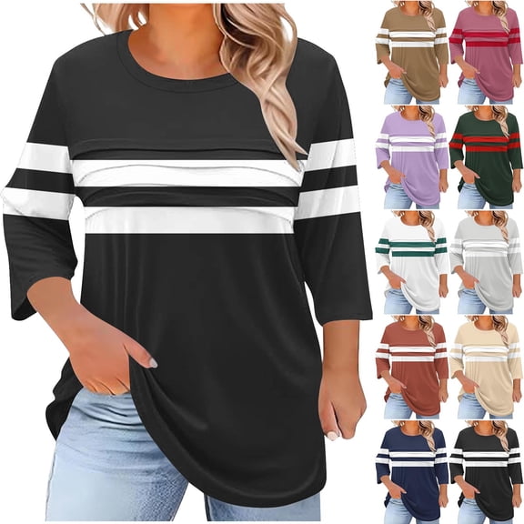 FNFYFH Womens Plus Size Summer T Shirt 3/4 Length Sleeve Crew Neck Tops Pleated Front Tunic Blouse