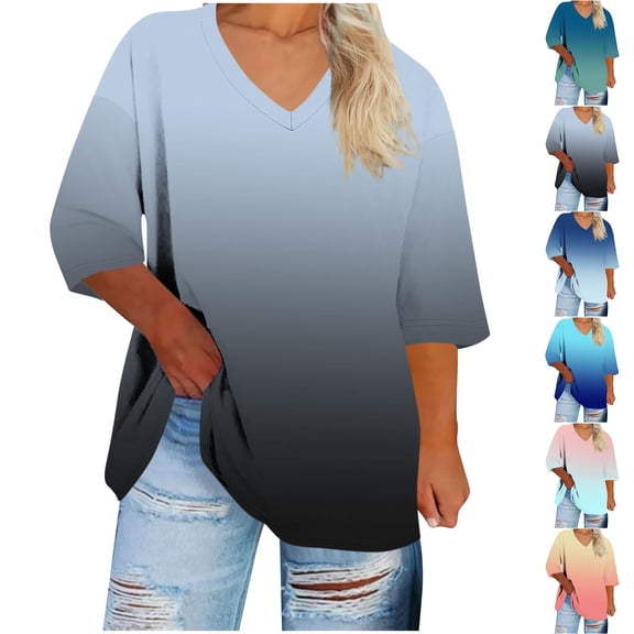 FNFYFH Womens Plus Size T Shirt 3/4 Sleeve V Neck Tops Gradient Basic Tee Loose Fit Tunic Blouse