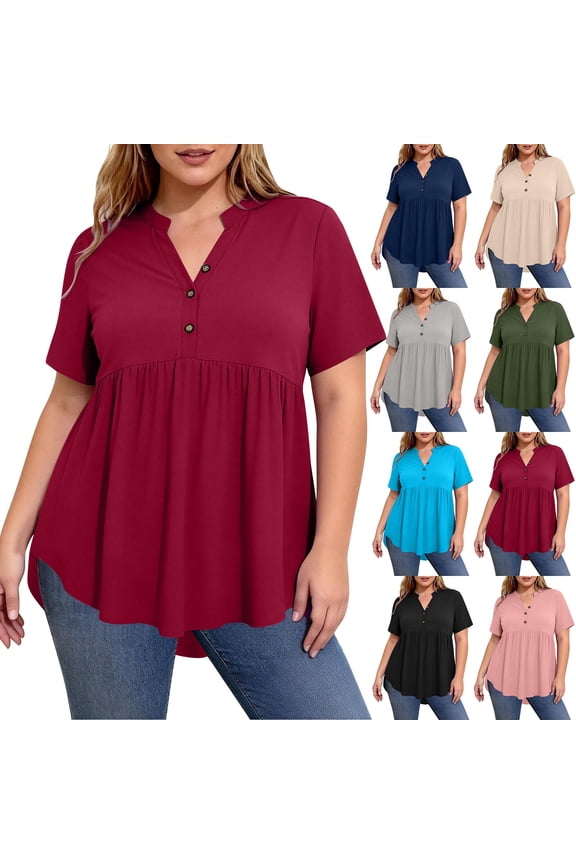 FNFYFH Womens Plus Size Tops Short Sleeve Button Down V Neck Shirts Flowy Peplum Tops Loose Fit Tunic Blouse