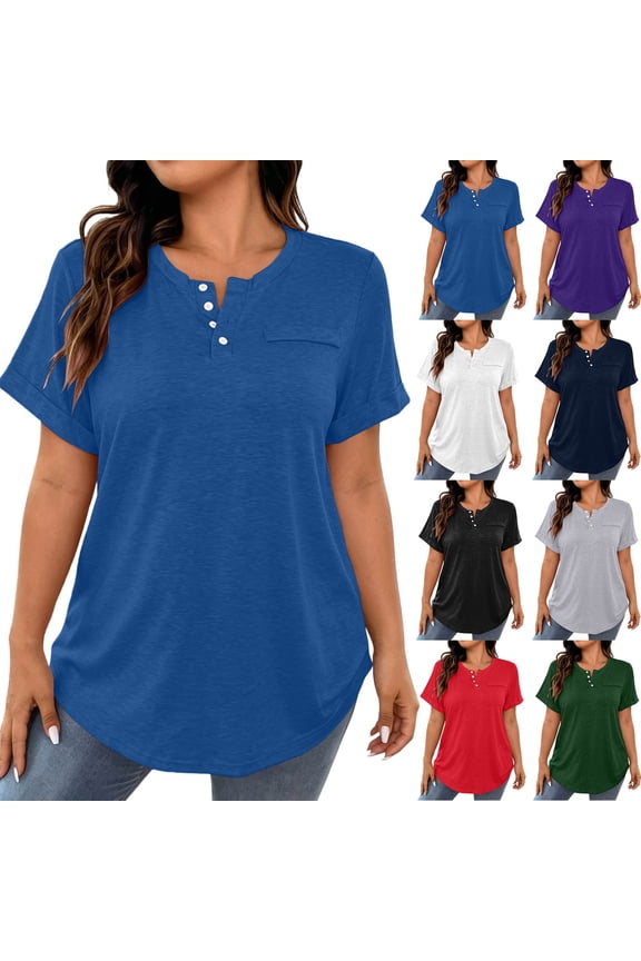 FNFYFH Womens Plus Size Tunic Tops Short Sleeve Henley Shirts Buttons Loose Fit Summer Blouses