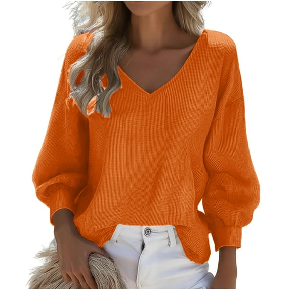 FNFYFH Womens Plus Size Waffle Knit Tops 3/4 Lantern Sleeve Casual Blouses Summer V Neck Oversized T Shirts