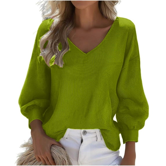 FNFYFH Womens Plus Size Waffle Knit Tops 3/4 Lantern Sleeve Casual Blouses Summer V Neck Oversized T Shirts