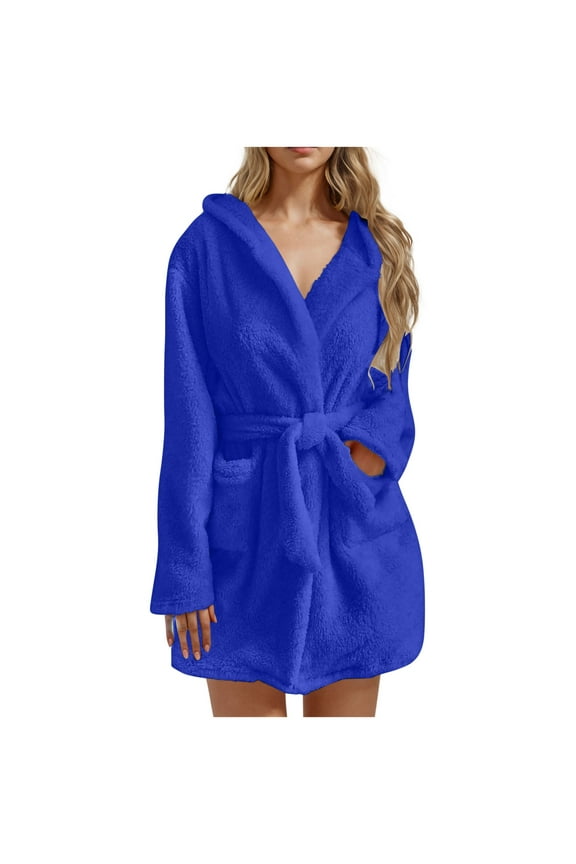 Womens Plush Robe Soft Hooded Spa Bath Robes Cozy Fluffy Winter Sleepwear Mid Long Towel Bathrobe with Pockets