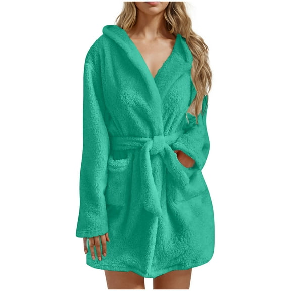 FNFYFH Womens Plush Robe Soft Hooded Spa Bath Robes Cozy Fluffy Winter Sleepwear Mid Long Towel Bathrobe with Pockets