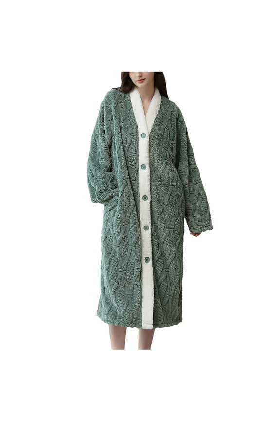 Womens Plush Soft Robe Button Down V Neck Jacquard Fleece Nightgowns Cozy Warm Housecoat Maxi Fluffy Bathrobe with Pockets