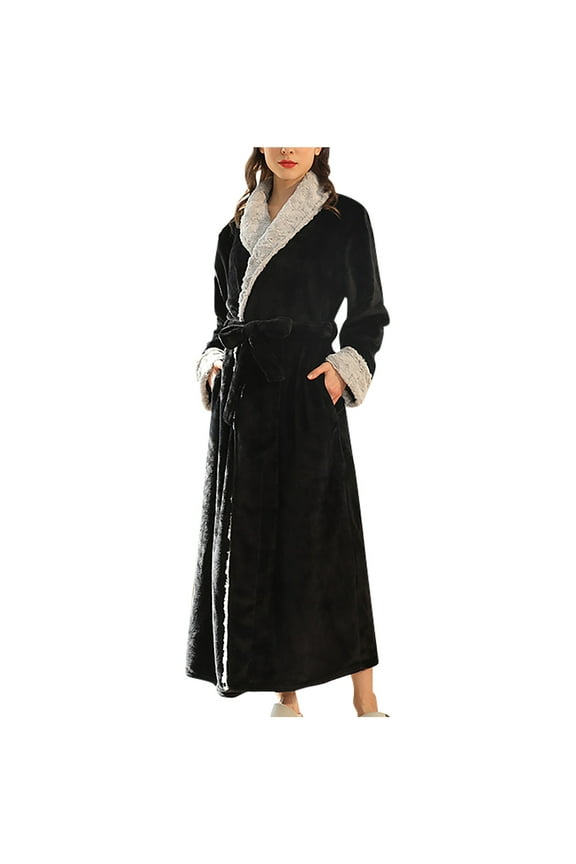 Womens Premium Fleece Robe Long Terry Shawl Collar Bathrobe Plush Fluffy Bathrobe Comfy House Coat Full-length for Couples