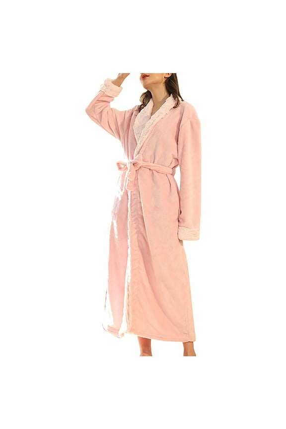 Womens Premium Fleece Robe Long Terry Shawl Collar Bathrobe Plush Fluffy Bathrobe Comfy House Coat Full-length for Couples