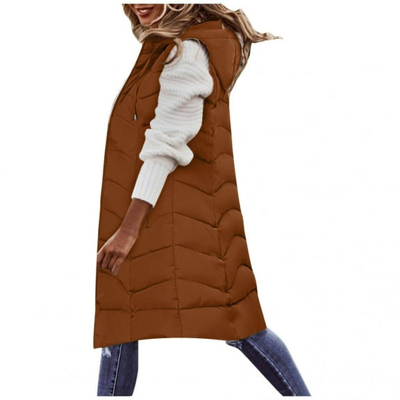 FNFYFH Womens Puffer Vest Hooded Plus Size Sleeveless Padded Coat Solid Lightweight Quilted Waistcoat Zip Up Winter Gilet with Pockets Coffee