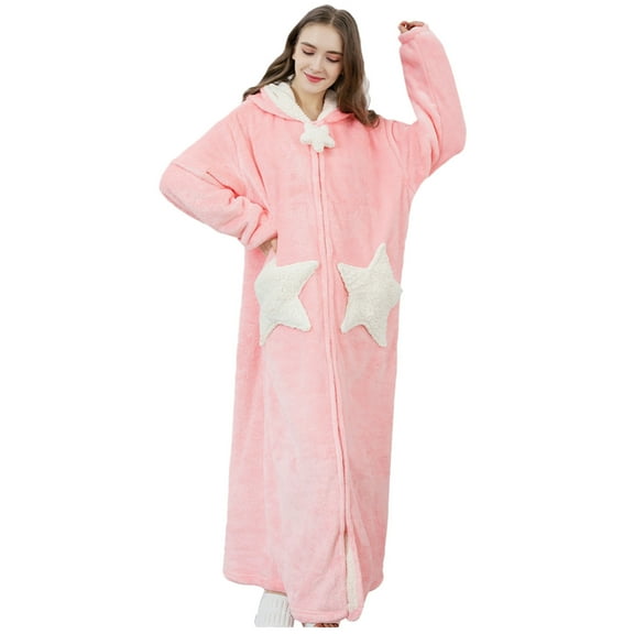 FNFYFH Womens Robe Hooded Zipper Flannel Bathrobes Cozy Warm Housecoat Ladies Plush Fleece Sleepwear Long Pajamas Nightgown