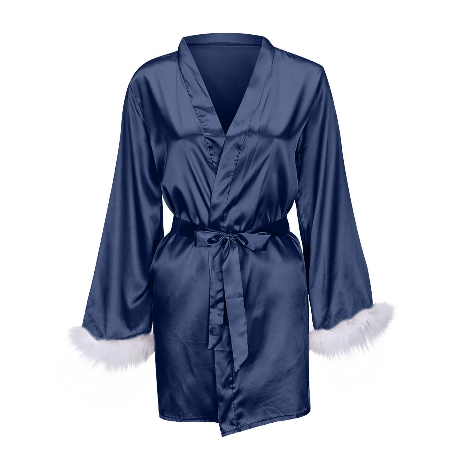 FNFYFH Womens Satin Kimono Robe Short Feather Trim Silk Robes ...
