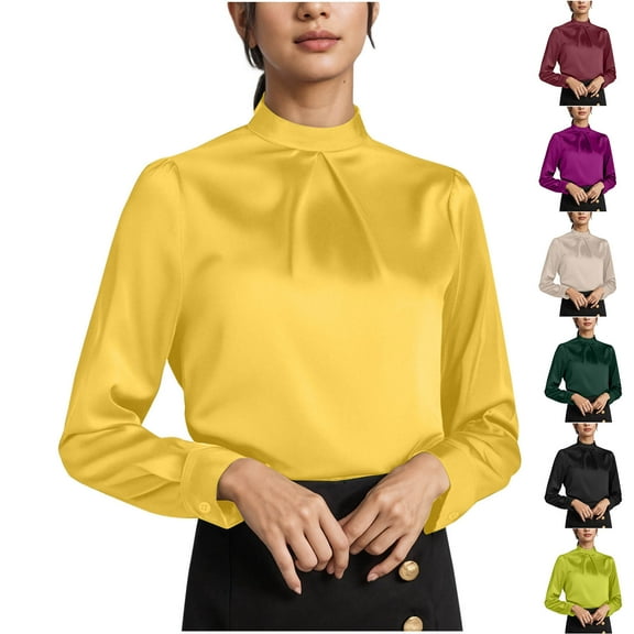 FNFYFH Womens Satin Shirts Long Sleeve Mock Neck Elegant Pleated Soft Silk Shirt Tops Business Casual Office Work Blazer
