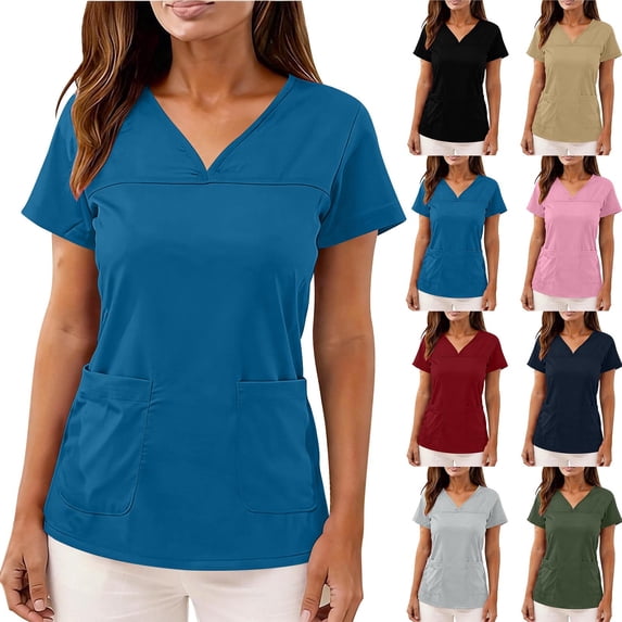 FNFYFH Womens Scrub Tops Short Sleeve V Neck Scrub Shirt Loose Fit Nursing Uniform with Pockets