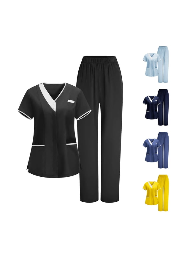 Womens Scrubs Set Stretch V-Neck Top and Pants Nursing Uniform Hotel Sanitation Uniforms Workwear Sets with Pockets