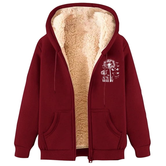 FNFYFH Womens Sherpa-Lined Fleece Jacket Hooded Printing Winter Fleece Sweatshirt Warm Fuzzy Zip Up Warm Fleece Sherpa Lined Hoodies