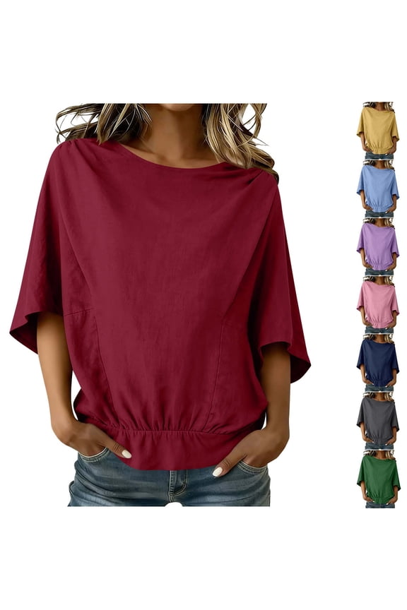 FNFYFH Womens Short Batwing Sleeve Tops Loose Fit Crewneck Cotton Linen Shirts Banded Hem Draped Blouse