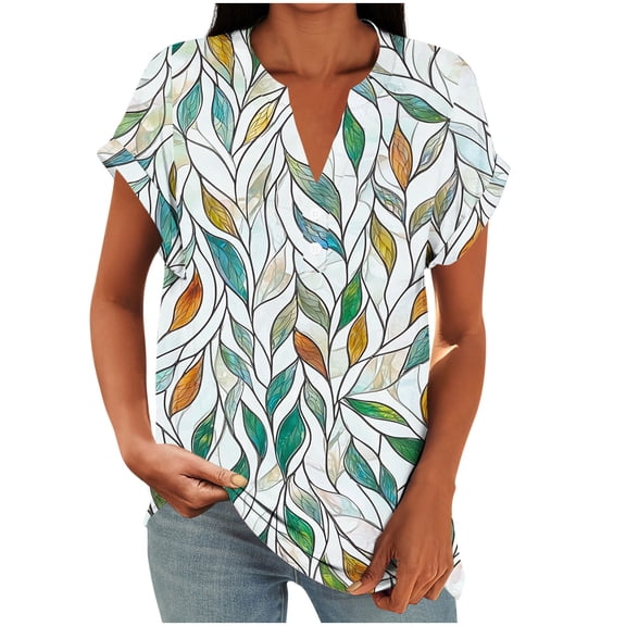 FNFYFH Womens Short Sleeve Tops Summer Henley V-Neck Tshirts Casual Dressy Loose Floral Basic Tee