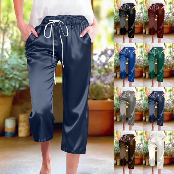 FNFYFH Womens Silk Satin Capri Pants Casual Loose Pajama Pants Soft Loungewear Drawstring Elastic Waist Casual Cropped Pants with Pockets
