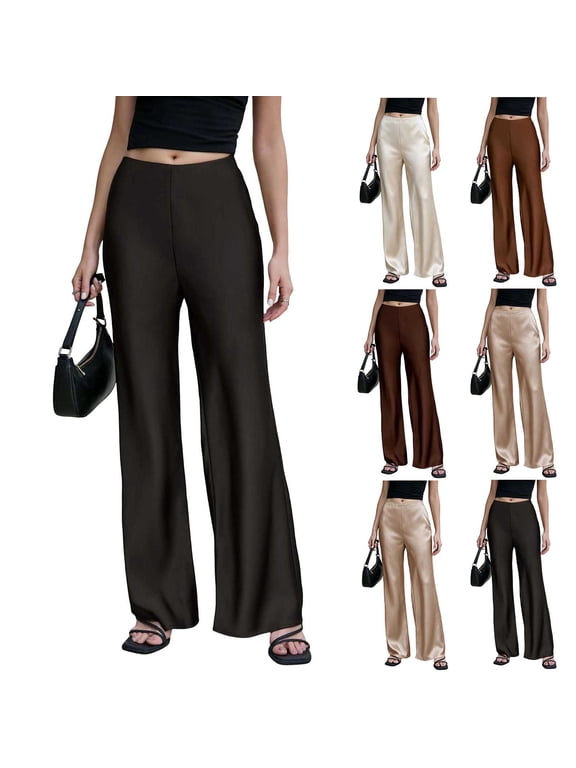 Womens Silk Satin Wide Leg Pants Casual Loose Soft Work Slacks Elastic High Waisted Business Dress Pants