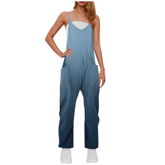 FNFYFH Womens Sleeveless Gradient Jumpsuits Spaghetti Strap Loose Romper Baggy Overalls with Pockets