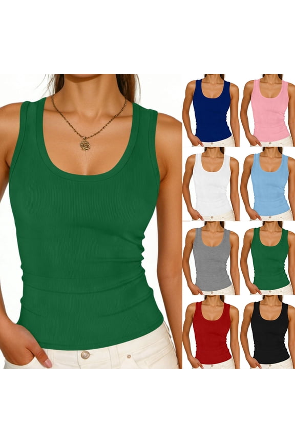 Womens Sleeveless Scoop Neck Tank Top Ribbed Fitted Basic Tee Summer Slim Fit Cami Tops