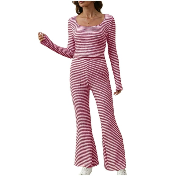FNFYFH Womens Striped 2 Piece Sets Square Neck Top Cropped Tunic Wide Leg Pants Casual Lounge Sweatsuits Vacation Clothes