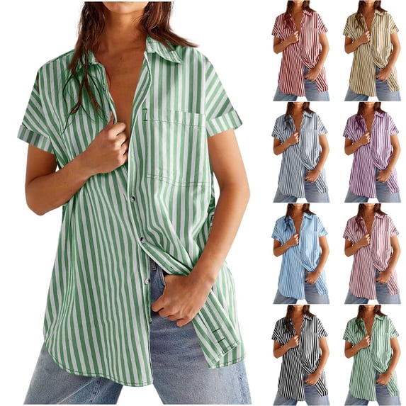 FNFYFH Womens Striped Button Down Shirts Short Sleeve Dress Shirt Collared Button-up Work Blouse Beach Vacation Outfits