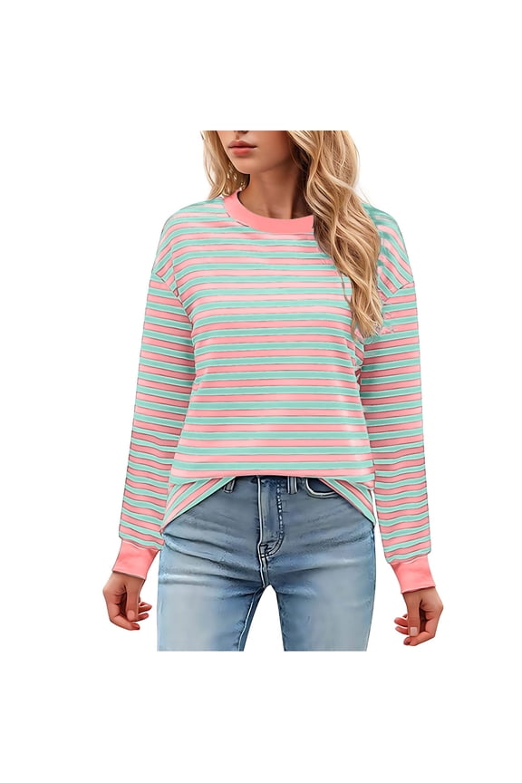 Womens Striped Sweatshirts Cotton Long Sleeve Crewneck Pullover 2025 Stylish Patchwork Color Sweatshirt Soft Comfy Workout Tops Purple XXL