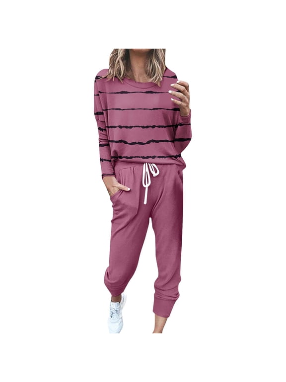 Womens Striples Causal Suits 2025 Fall Long Sleeve Crewneck Sweatsuit Plus Size Tracksuits Trendy Elastic Waist Sweatpants with Drawstring S-XXXXXL