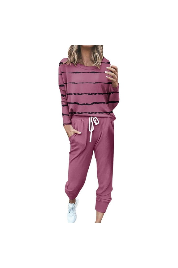 Womens Striples Causal Suits 2025 Fall Long Sleeve Crewneck Sweatsuit Plus Size Tracksuits Trendy Elastic Waist Sweatpants with Drawstring S-XXXXXL