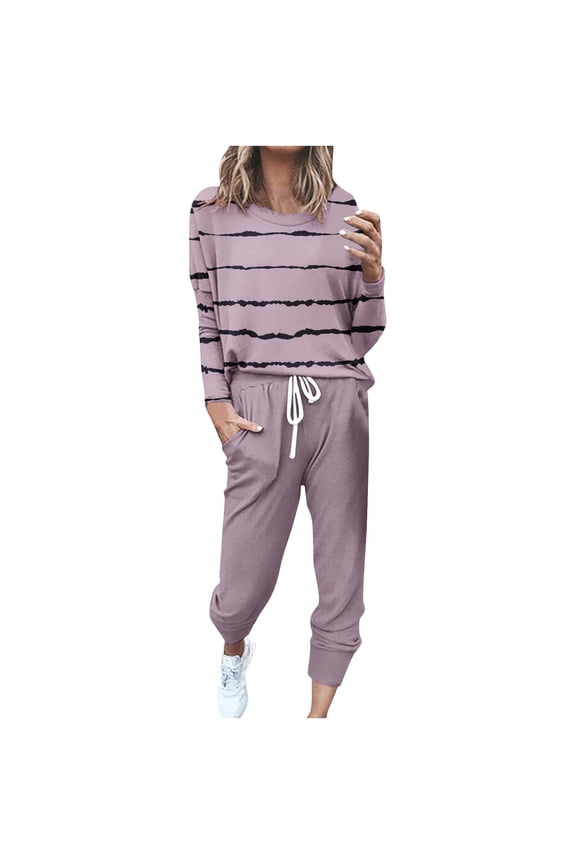 Womens Striples Causal Suits 2025 Fall Long Sleeve Crewneck Sweatsuit Plus Size Tracksuits Trendy Elastic Waist Sweatpants with Drawstring S-XXXXXL