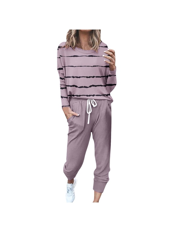 Womens Striples Causal Suits 2025 Fall Long Sleeve Crewneck Sweatsuit Plus Size Tracksuits Trendy Elastic Waist Sweatpants with Drawstring S-XXXXXL