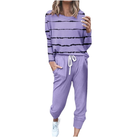 FNFYFH Womens Striples Causal Suits 2025 Fall Long Sleeve Crewneck Sweatsuit Plus Size Tracksuits Trendy Elastic Waist Sweatpants with Drawstring S-XXXXXL