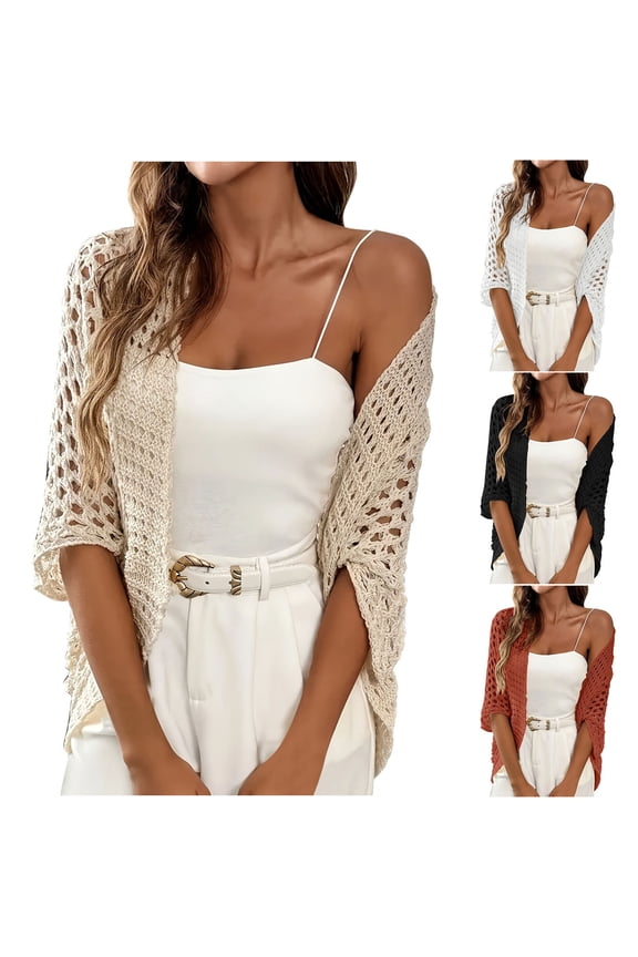 FNFYFH Womens Summer Crochet Cardigan Sweaters Lightweight Open Front 3/4 Sleeve Kimono Boho Knit Cover Ups 2026