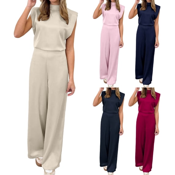 FNFYFH Womens Summer Jumpsuits Dressy Casual Satin Open Back One Piece Outfits Sleeveless Mock Neck Wide Leg Pants Rompers with Pockets