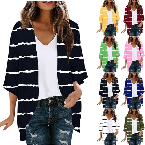 FNFYFH Womens Summer Lightweight 3/4 Sleeve Cardigan Open Front Casual Loose Kimono Cover Ups Striped Shrug Cardigans